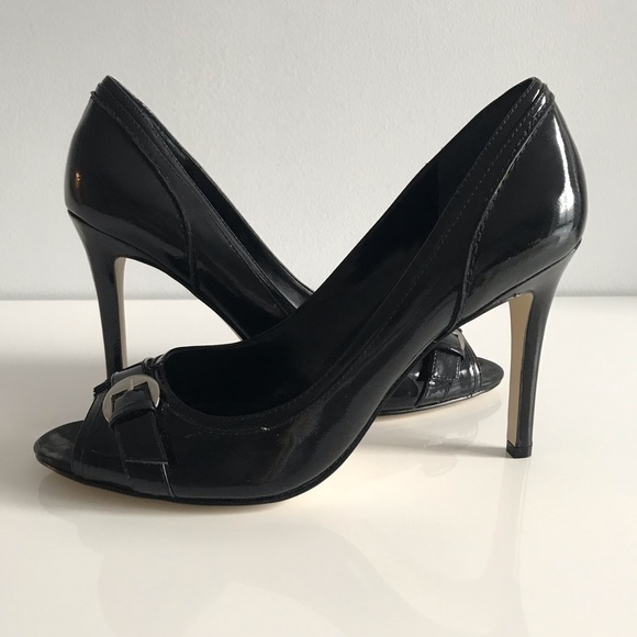 Enzo Angiolini Eamurray Patent Leather Silver Buckle Black Open Toe Pumps Shoes - Picture 15 of 16